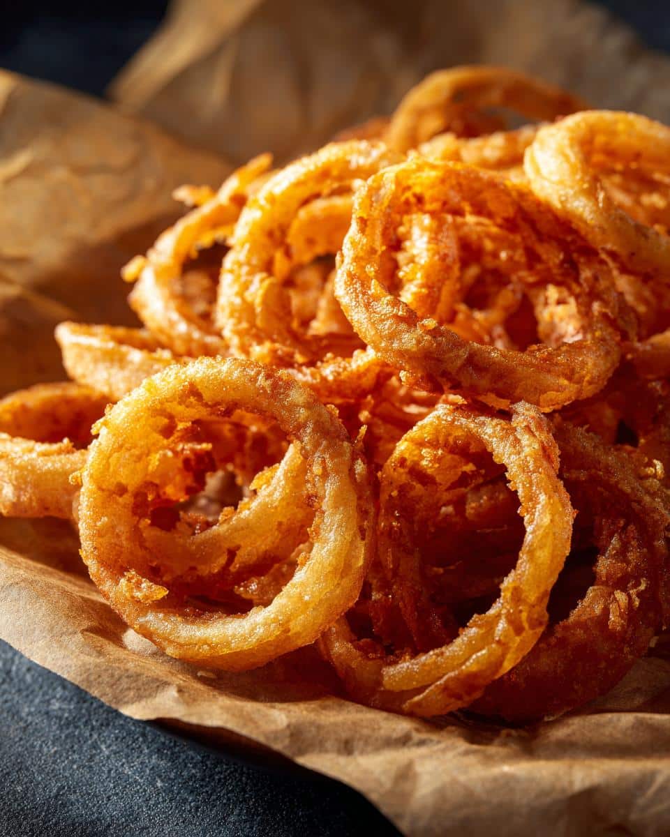 Pile of golden, crispy Onion Ring Chips on brown parchment paper. Delicious homemade snack.