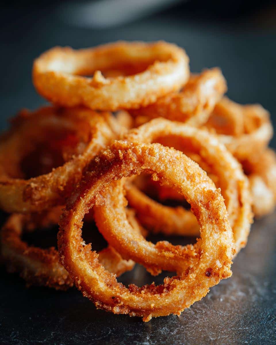 A stack of golden-brown, crispy Onion Ring Chips. Close-up shot showcasing the texture and color.