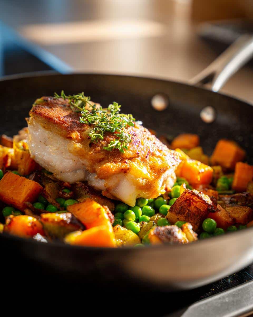 Pan-seared fish fillet with roasted sweet potatoes and peas, a delicious Makayla Thomas fit recipes dish.