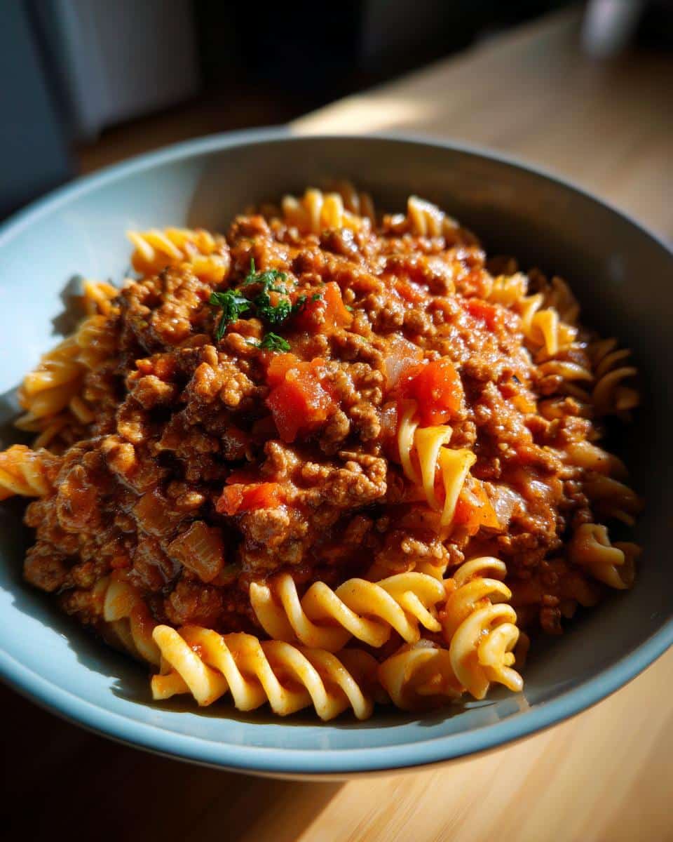 Bowl of pasta topped with a rich ground sausage recipe sauce featuring tomatoes and herbs.