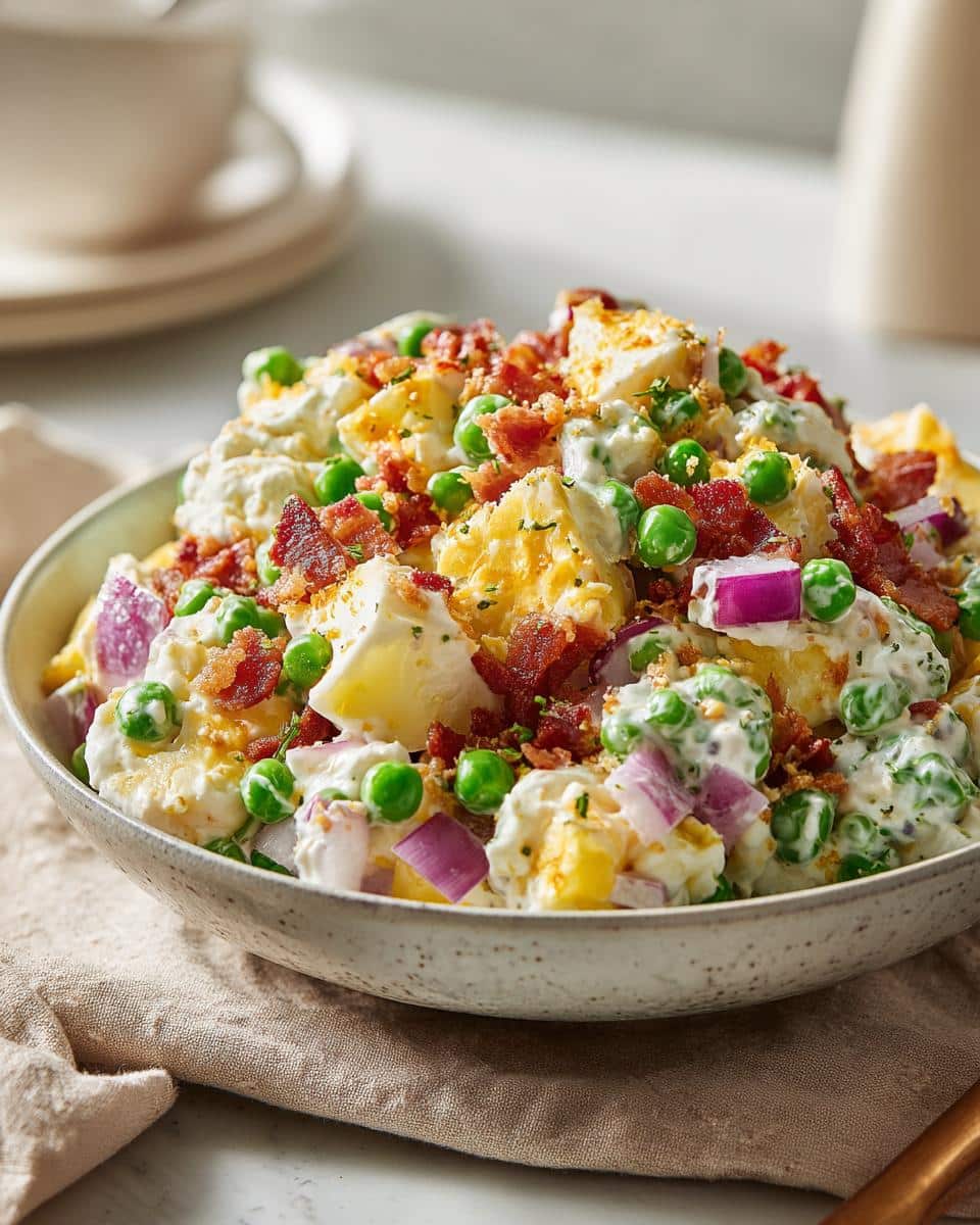 Bowl of creamy pea salad recipe with peas, bacon, red onion, and egg.