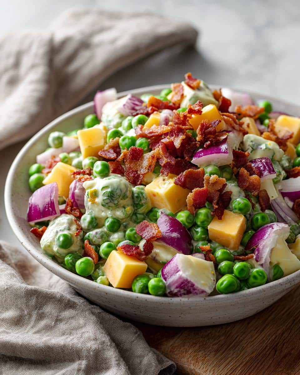 A vibrant bowl of pea salad featuring peas, cheese, red onion, bacon, and a creamy dressing. Perfect for pea salad recipes.