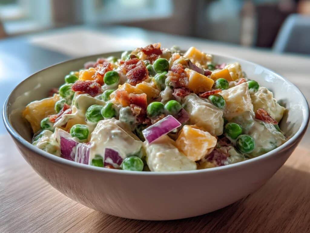 Bowl of pea salad recipes with peas, cheese, bacon, red onion, and creamy dressing.