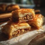 Close-up of baklava, a phyllo dough recipes dessert, with layers of flaky pastry and nuts.