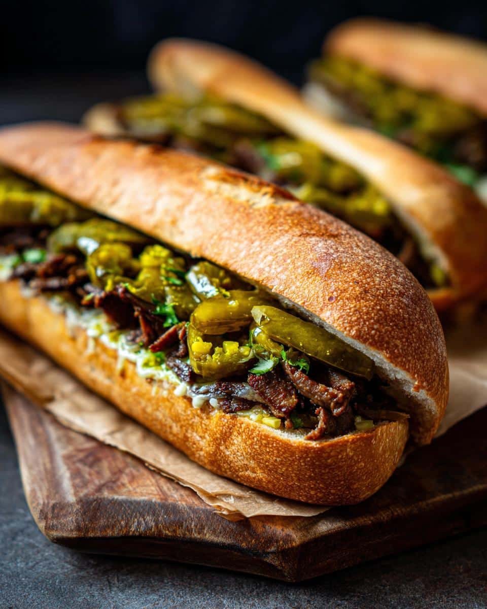 Close-up of a loaded Pickle Sandwich on a crusty baguette with meat and toppings, served on a wooden board.
