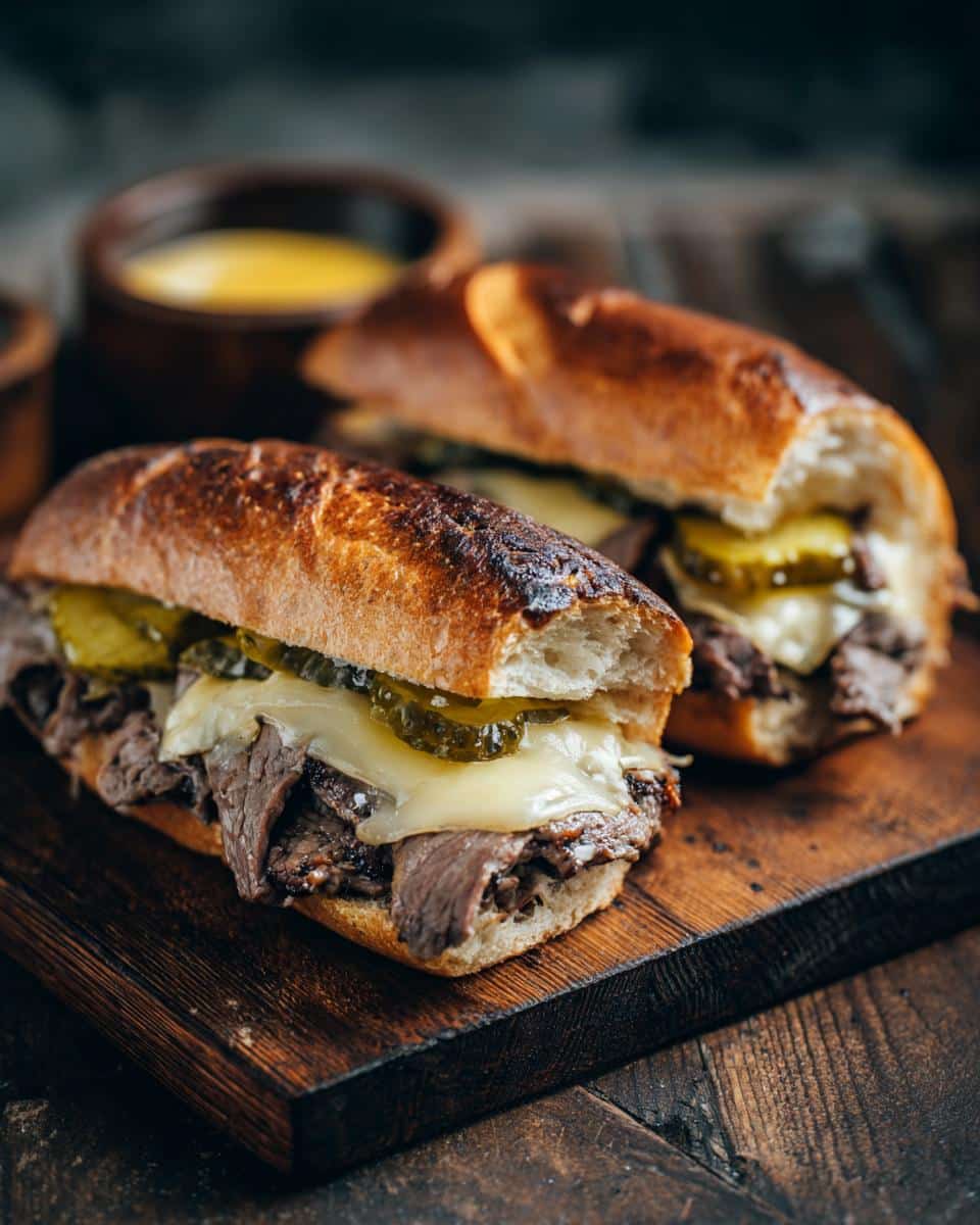 Two pickle sandwiches with beef and cheese on a wooden board. A tasty and quick Pickle Sandwich recipe.