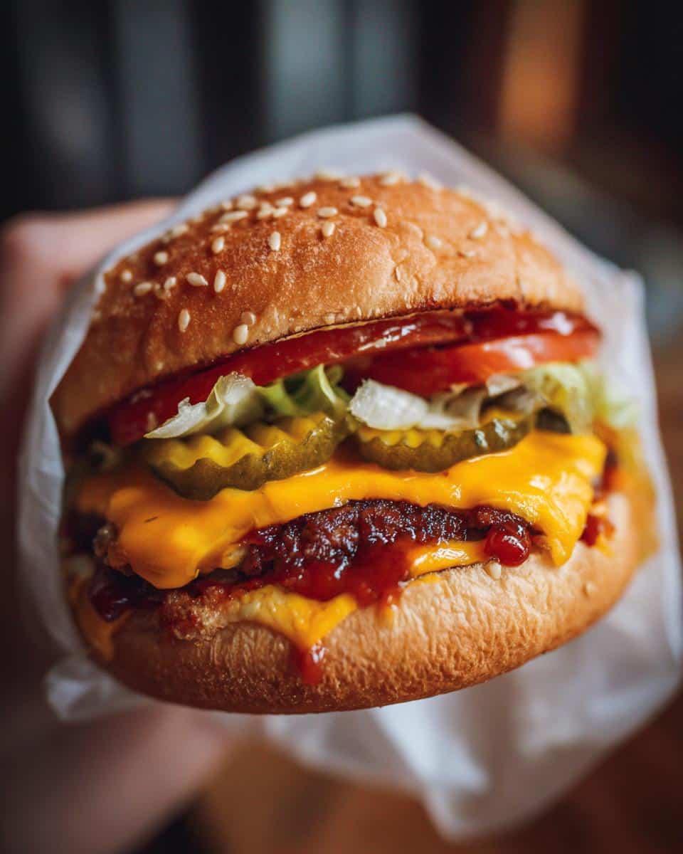 A close-up of a mouthwatering Pickle Sandwich featuring cheese, lettuce, tomato, and pickles on a sesame seed bun.