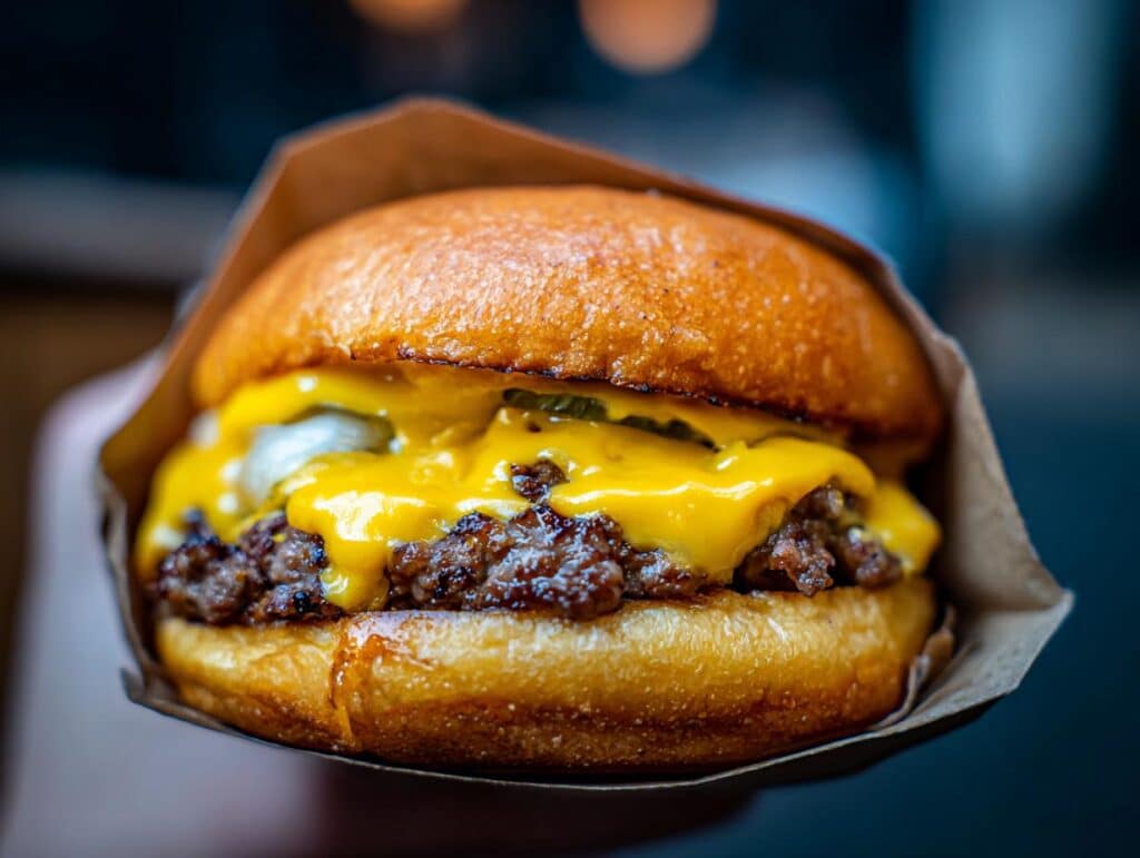 Close-up of a delicious Pickle Sandwich with melted cheese, pickles, and a juicy patty.
