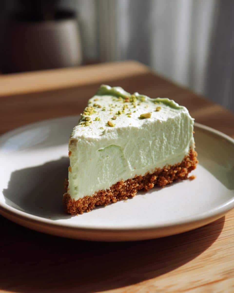 A slice of Pistachio-Flavored Dessert cheesecake with a graham cracker crust, topped with chopped pistachios.