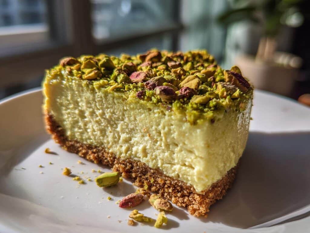 Close-up of a pistachio-flavored dessert bar with a graham cracker crust and pistachio topping on a white plate.