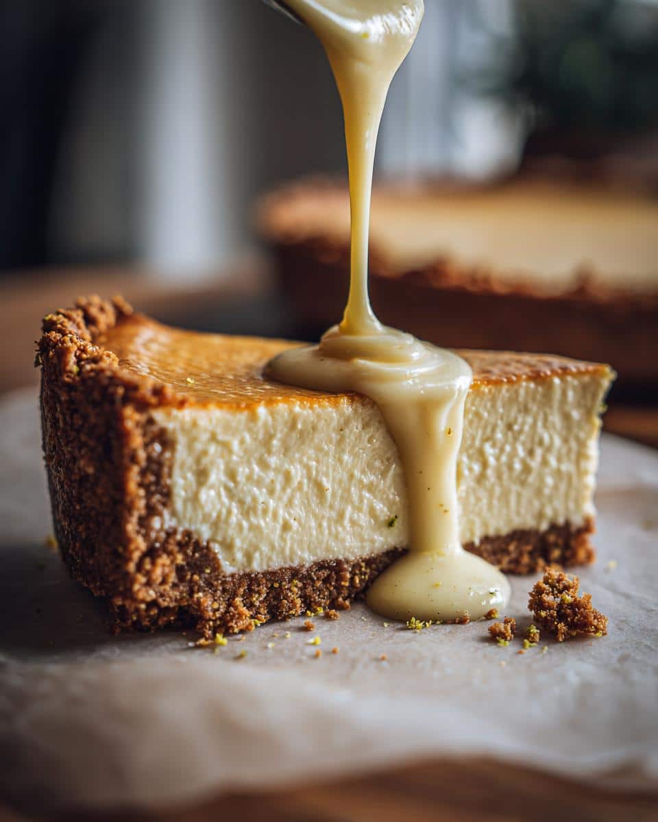 A slice of pistachio-flavored dessert cheesecake with a graham cracker crust and pistachio sauce being poured on top.