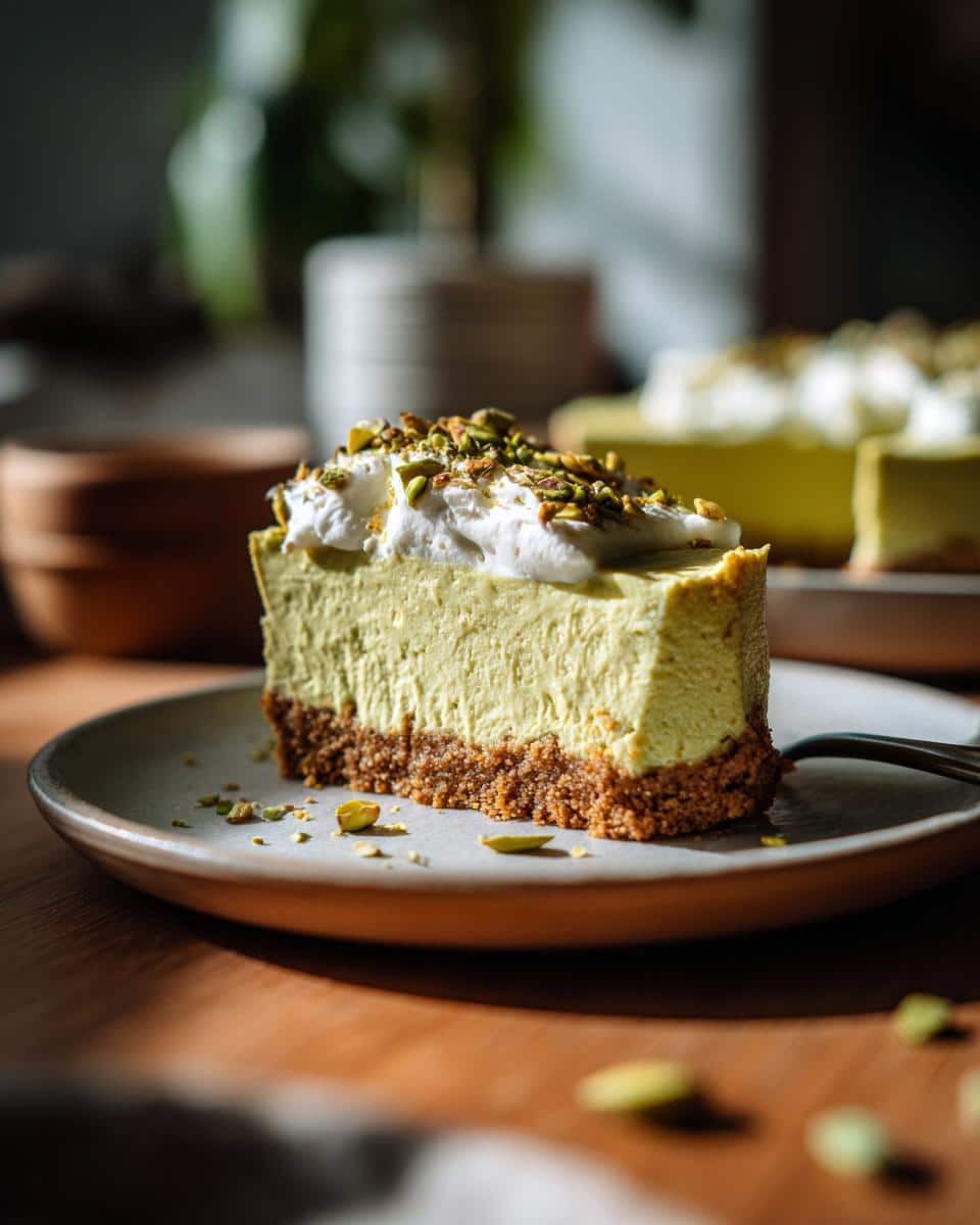A slice of pistachio-flavored dessert with a crust, creamy filling, whipped topping, and chopped pistachios.