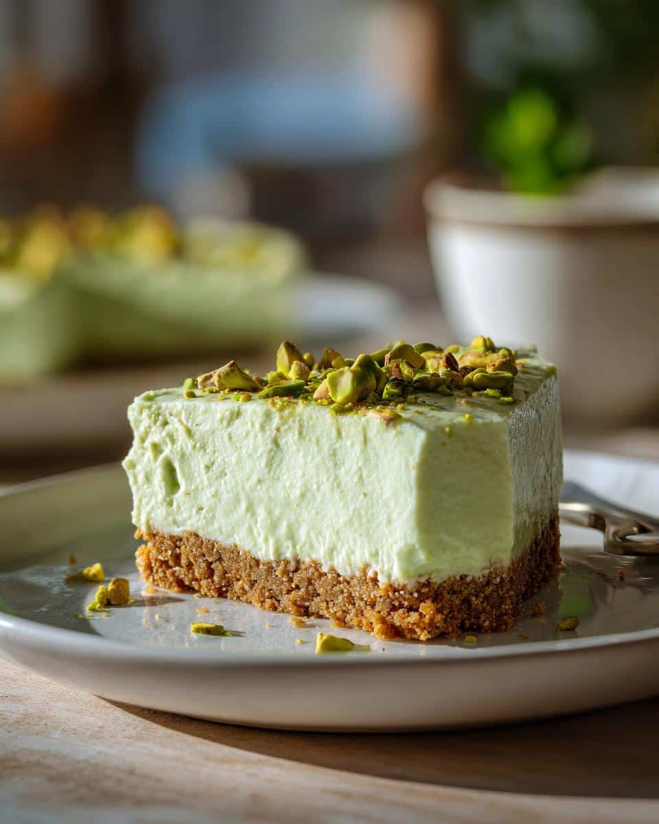 A slice of pistachio-flavored dessert with a crumb crust and pistachio topping on a white plate.