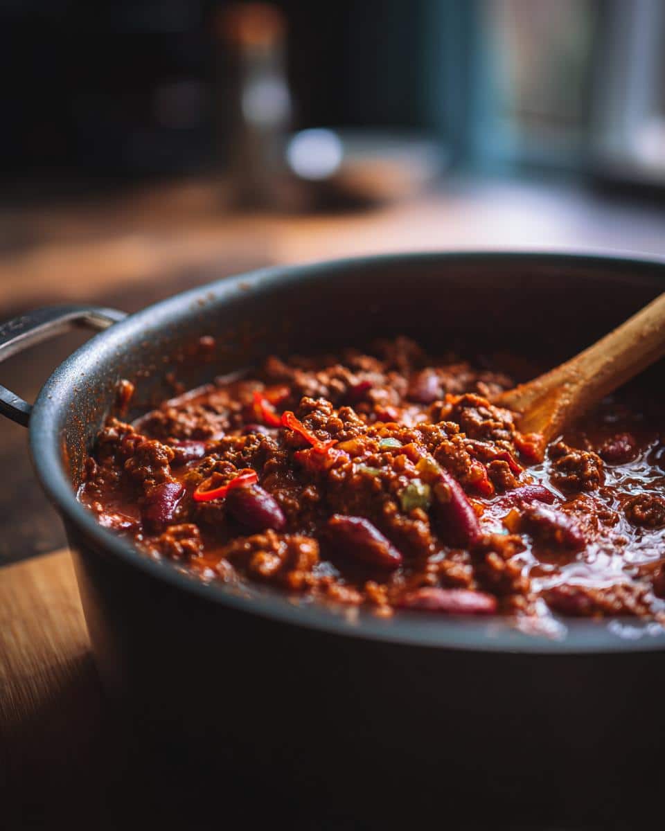 Close-up of a pot of hearty taco soup with ground beef, kidney beans, and red peppers.
