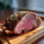 A perfectly cooked prime rib roast oven recipe, showcasing a beautiful crust and juicy, pink center.