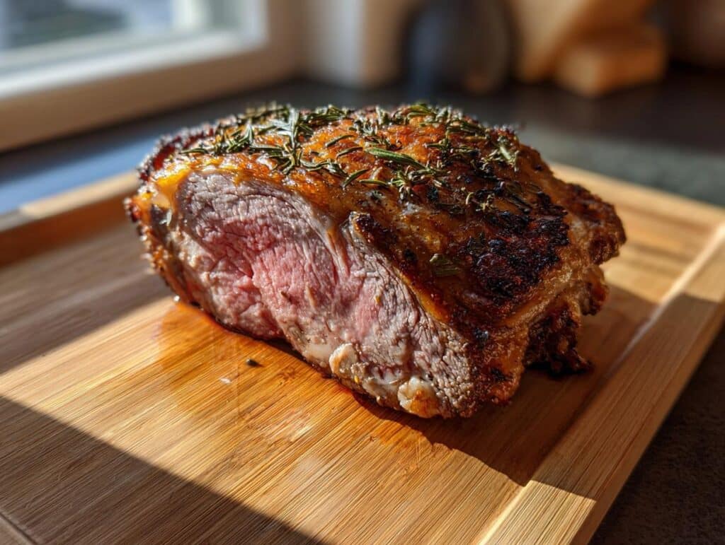 A perfectly cooked prime rib roast oven recipe, seasoned with herbs, sits on a wooden cutting board.