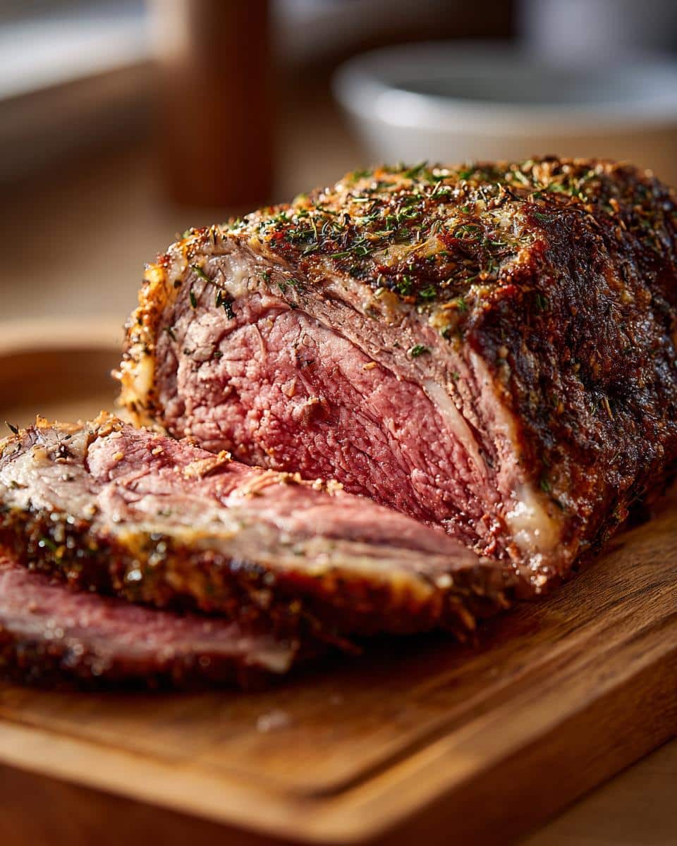 Close-up of a sliced prime rib roast oven cooked, showcasing its juicy interior and herb-crusted exterior.