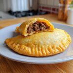 Two golden-brown empanadas, a popular Puerto Rican appetizers, one cut open to show the savory meat filling.