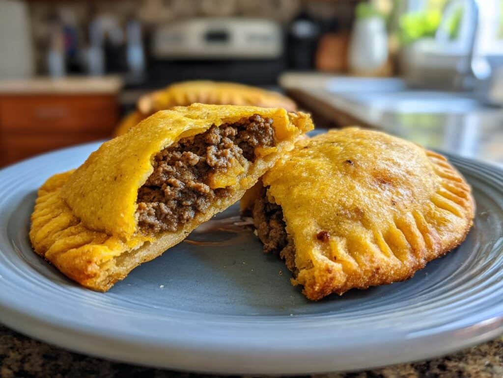 Close-up of Puerto Rican appetizers, empanadas filled with savory meat on a blue plate.