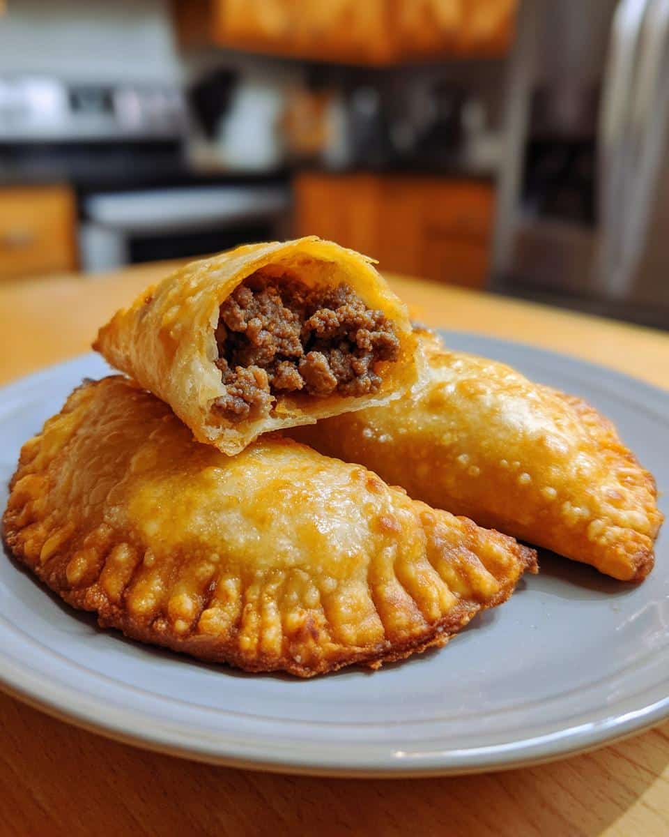 Golden fried empanadas, a type of Puerto Rican appetizers, filled with savory meat on a gray plate.