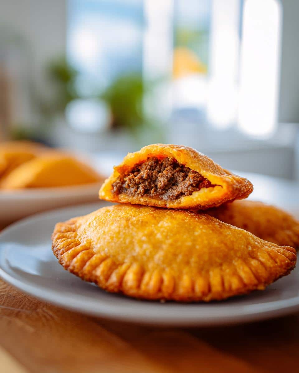 Close-up of Puerto Rican appetizers, empanadas filled with seasoned meat on a plate.