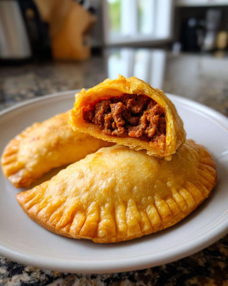 Close-up of Puerto Rican appetizers, empanadas filled with savory meat filling on a white plate.
