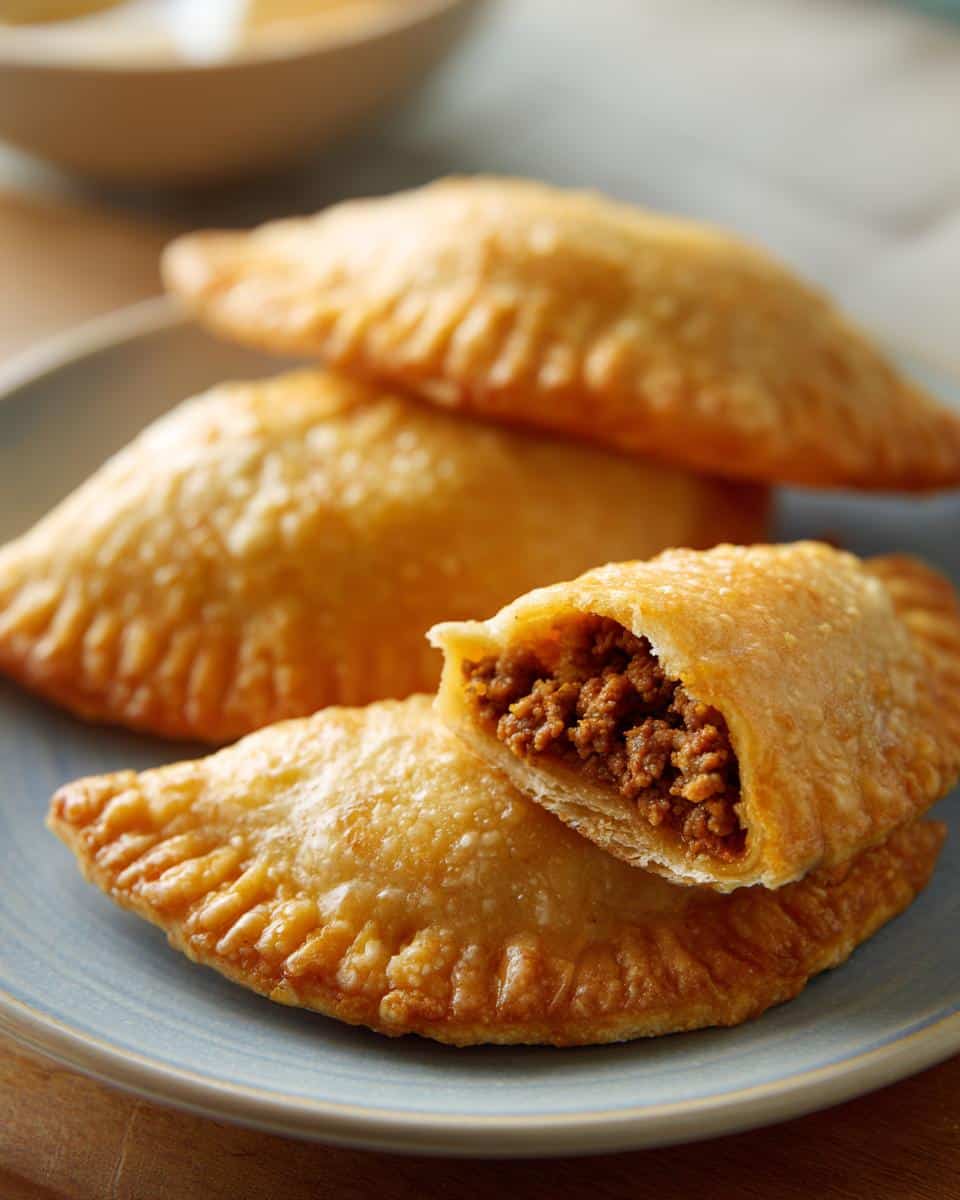 Golden brown empanadas, a popular Puerto Rican appetizers, filled with savory meat filling on a blue plate.