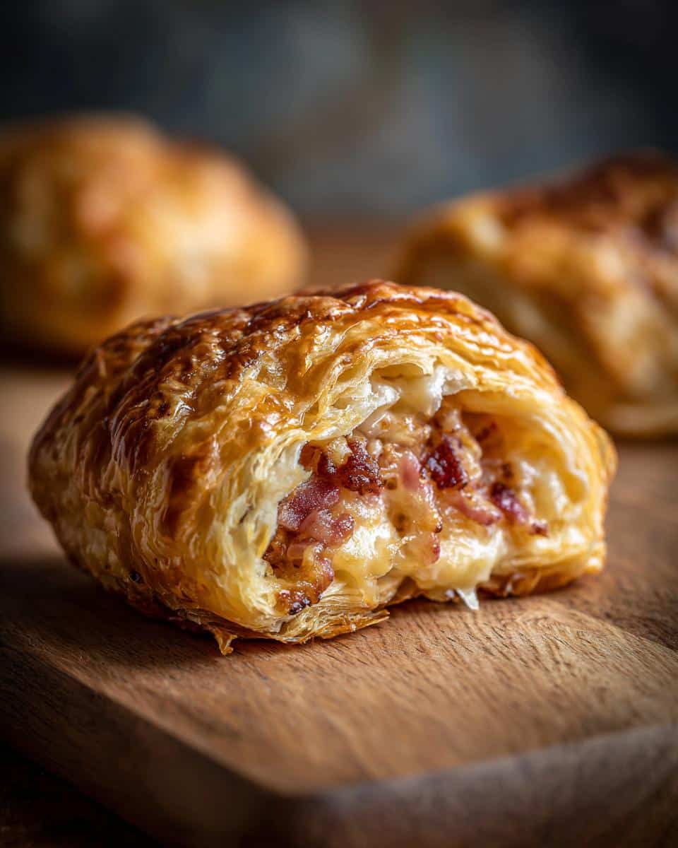 Close-up of a golden brown puff pastry filled with bacon and cheese, showcasing recipes using puff pastry sheets.