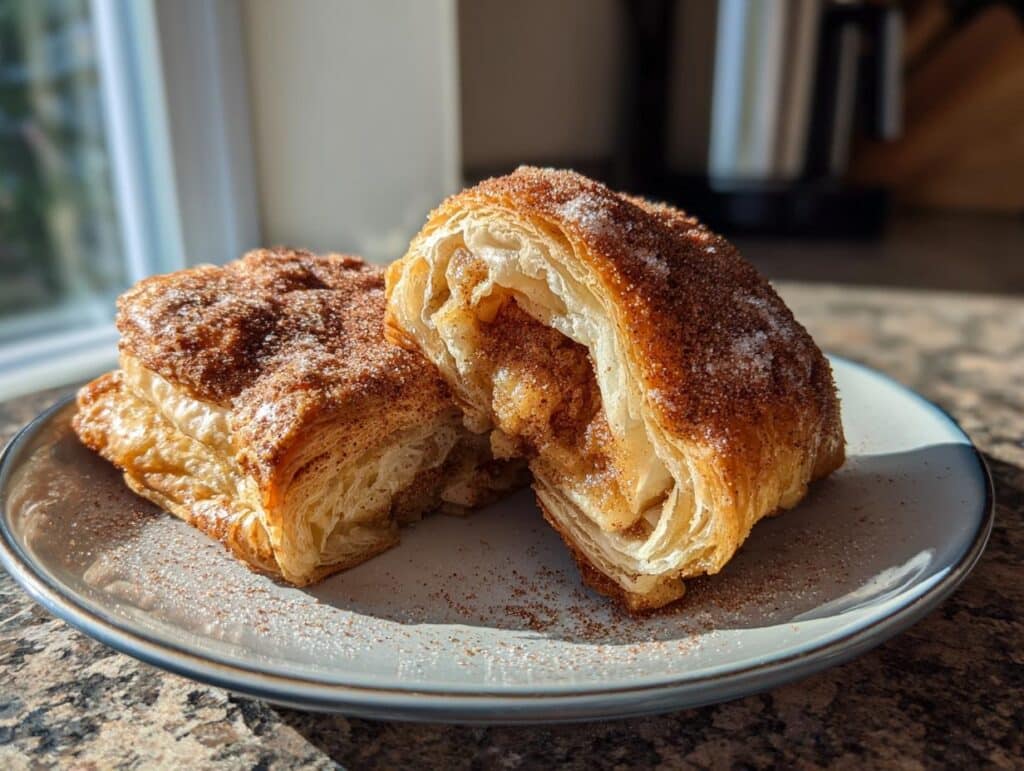 Two desserts with puff pastry sheets, filled and topped with cinnamon sugar, on a plate.