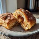 Two desserts with puff pastry sheets, filled and topped with cinnamon sugar, on a plate.