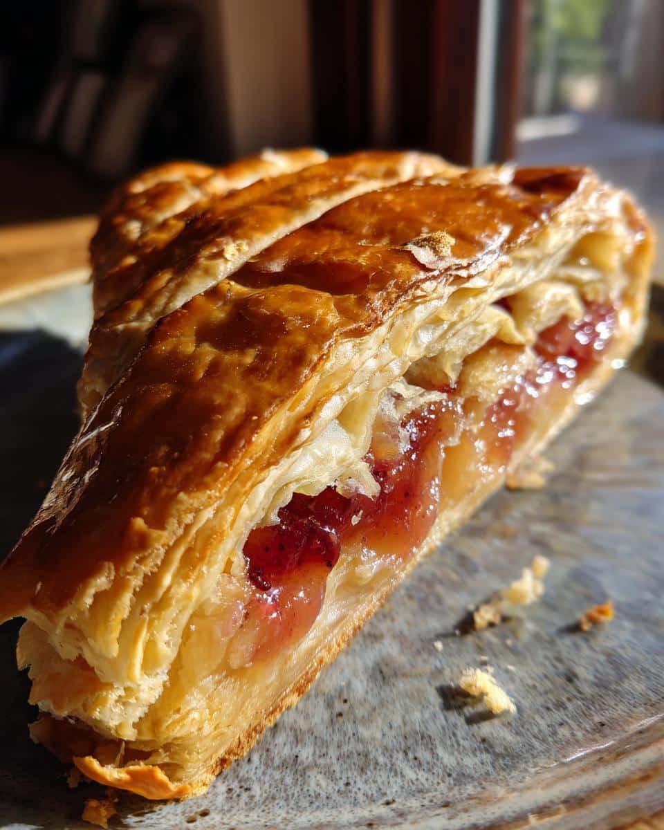 A slice of easy puff pastry dessert filled with fruit on a plate, showcasing flaky layers.