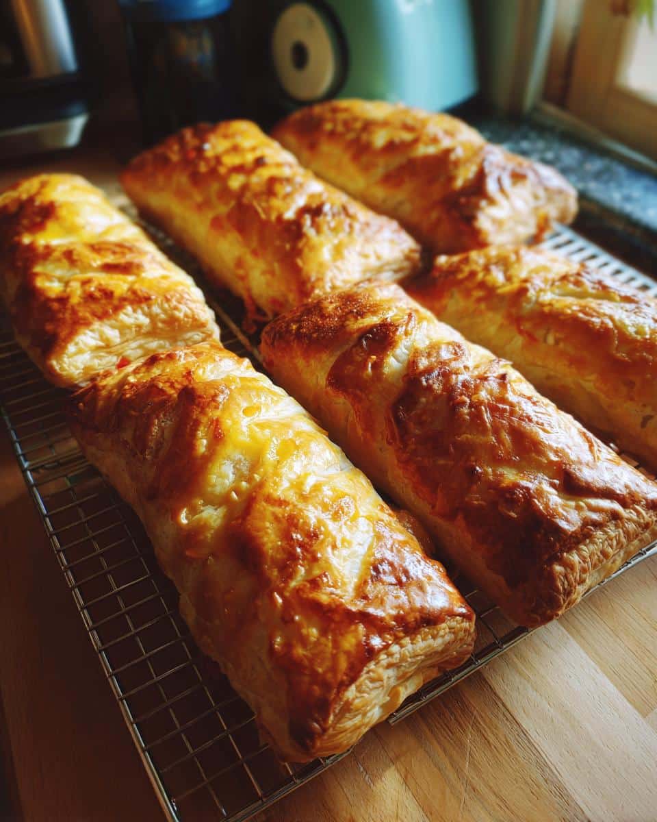 Several golden brown puff pastry ideas cooling on a wire rack, showcasing their flaky texture and baked appearance.
