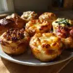 A plate of assorted puff pastry ideas, including spinach, cheese, and bacon toppings, baked to a golden brown.