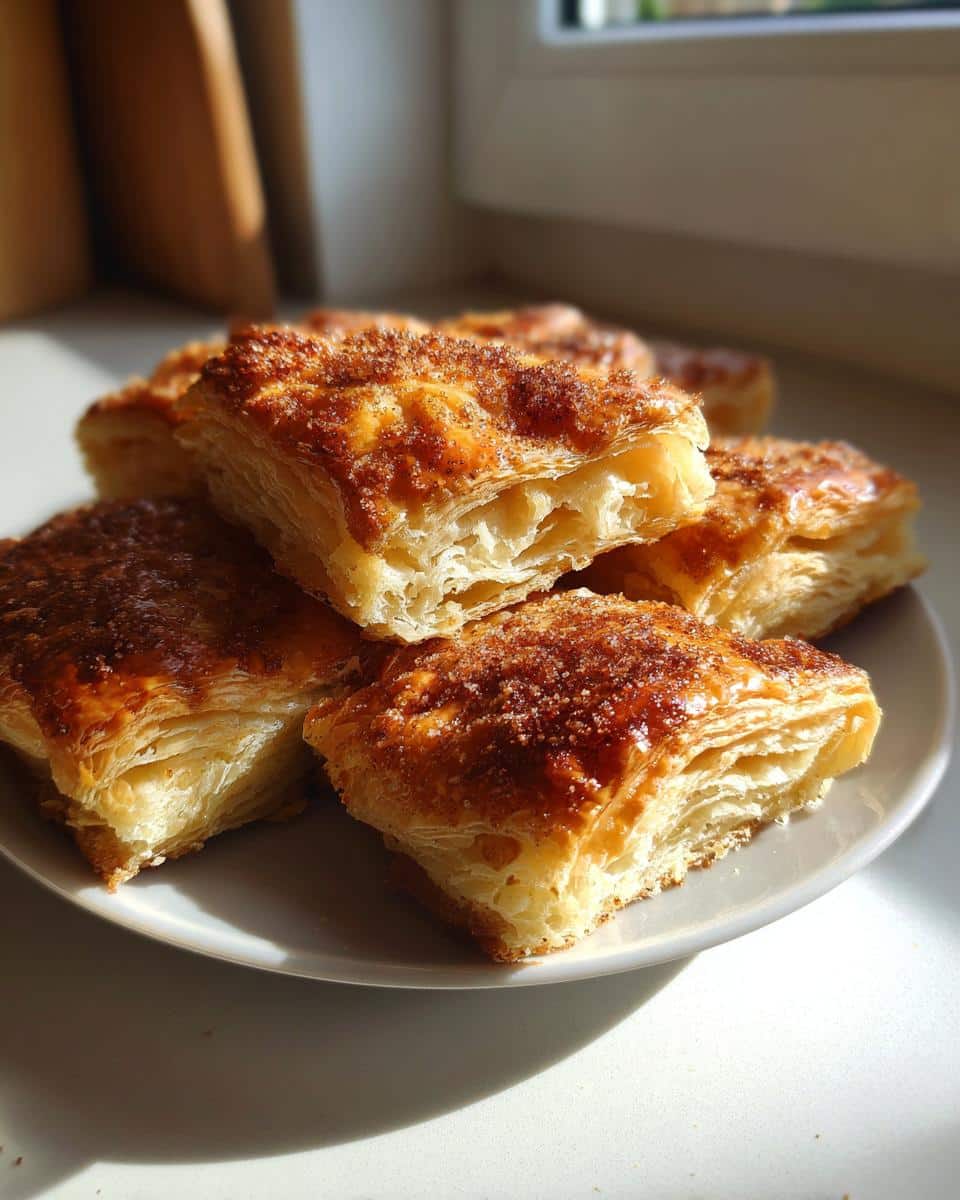 A stack of golden brown desserts with puff pastry sheets on a white plate, lit by natural sunlight.