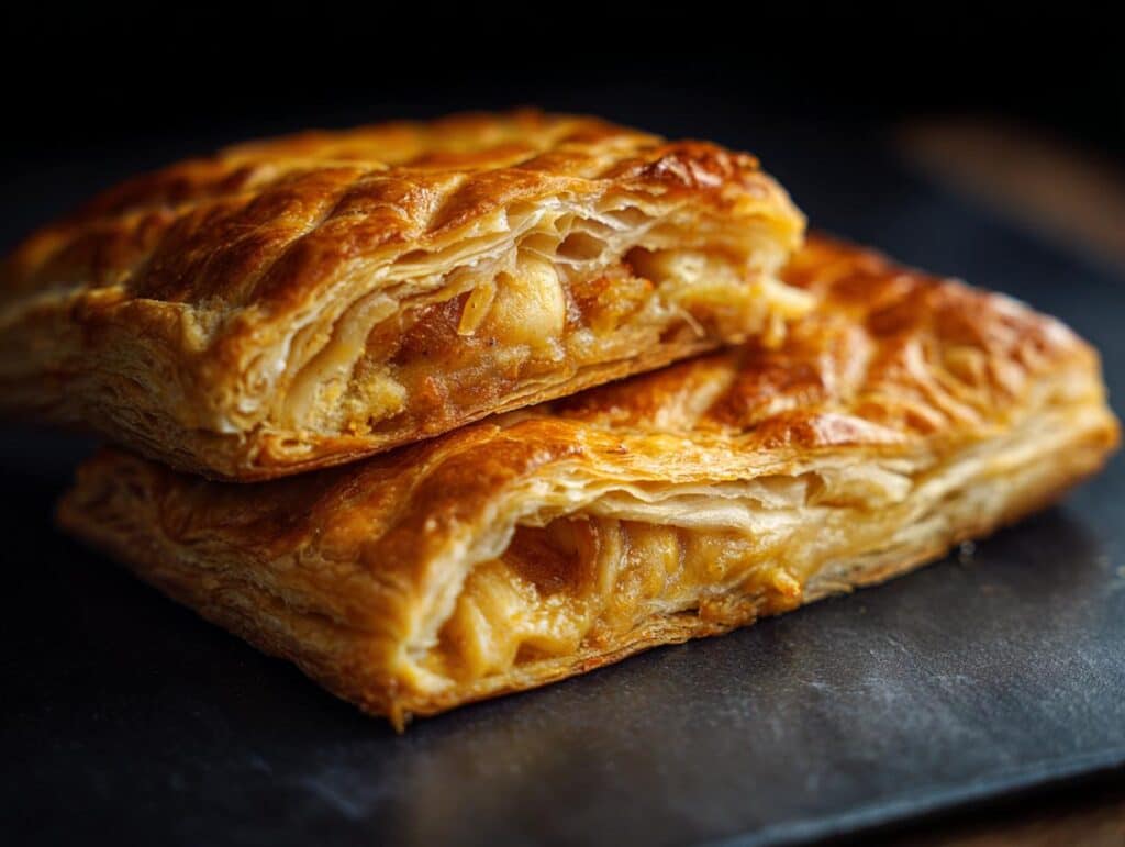 Two golden brown pastries made using puff pastry sheets, stacked on a dark surface.