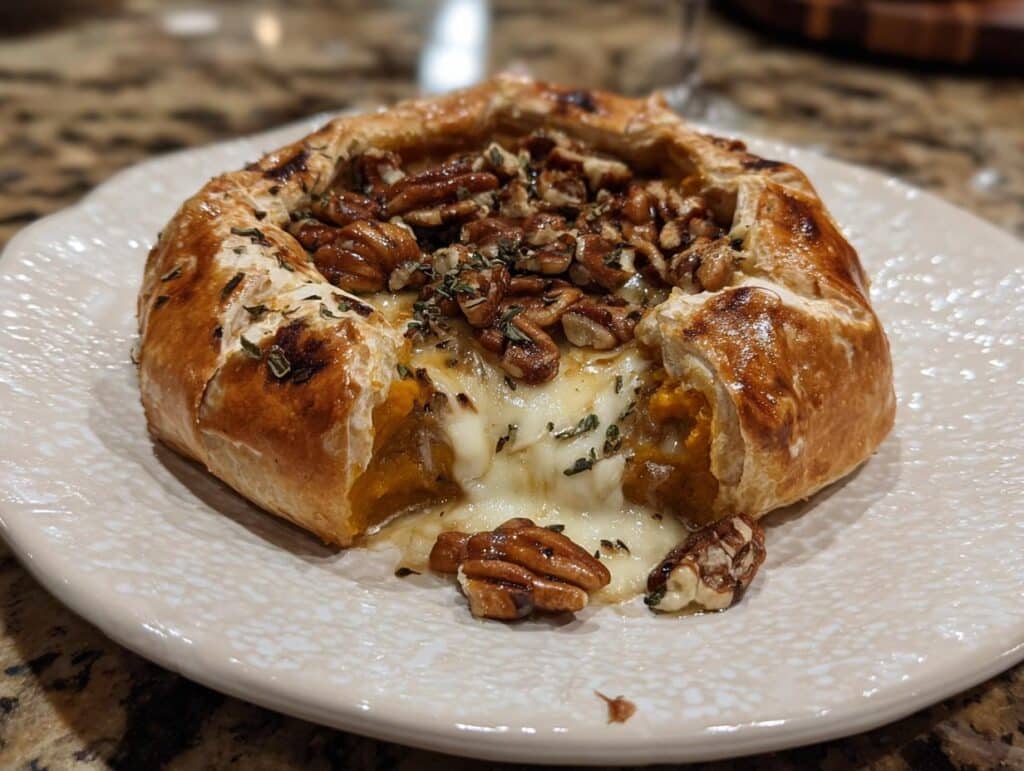 Close-up of Pumpkin Baked Brie with melted brie, pecans, and herbs on a plate.