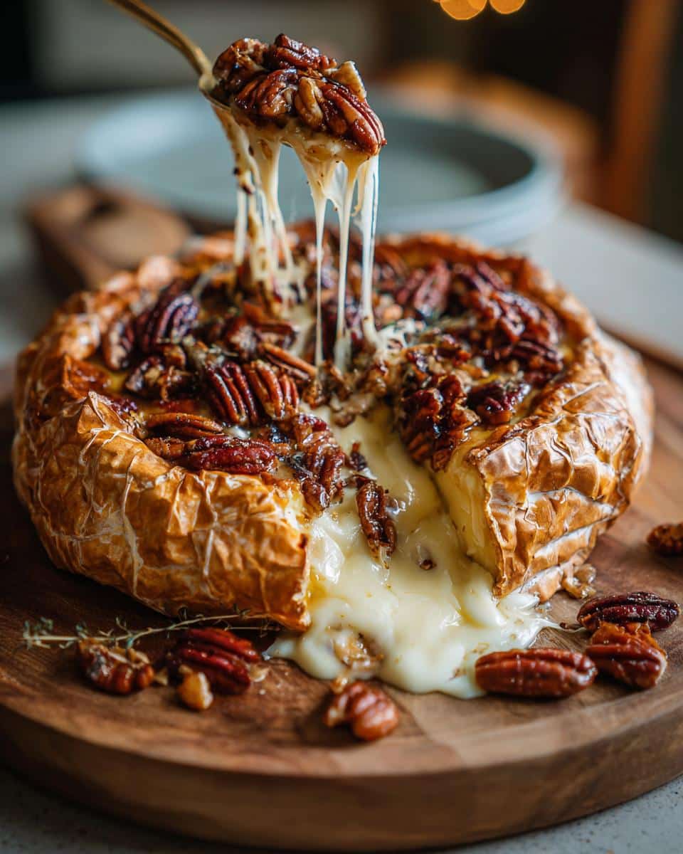 Close-up of Pumpkin Baked Brie with melted cheese and pecan topping being lifted with a spoon.