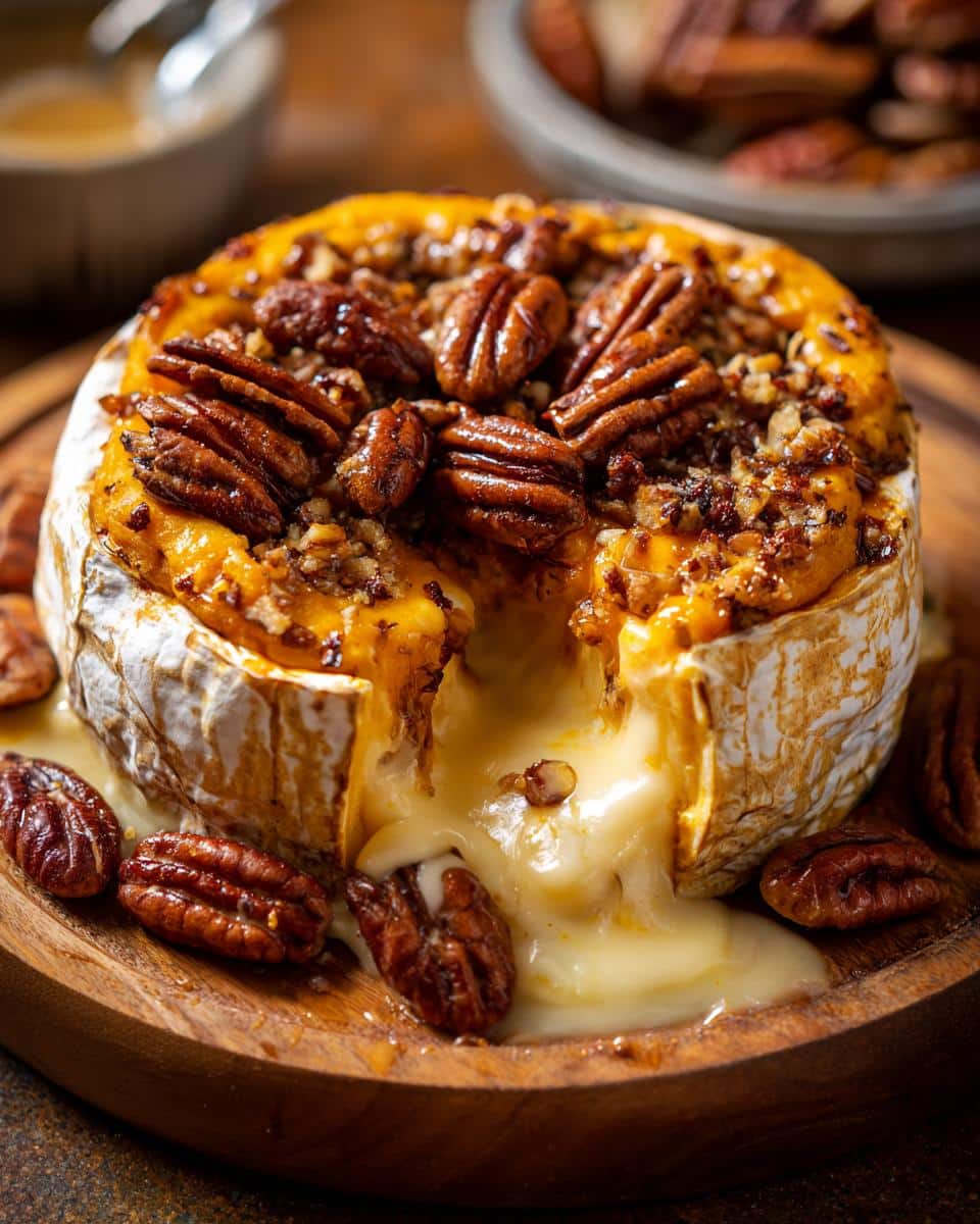 Close-up of Pumpkin Baked Brie with melted cheese, pecan topping, on a wooden board.