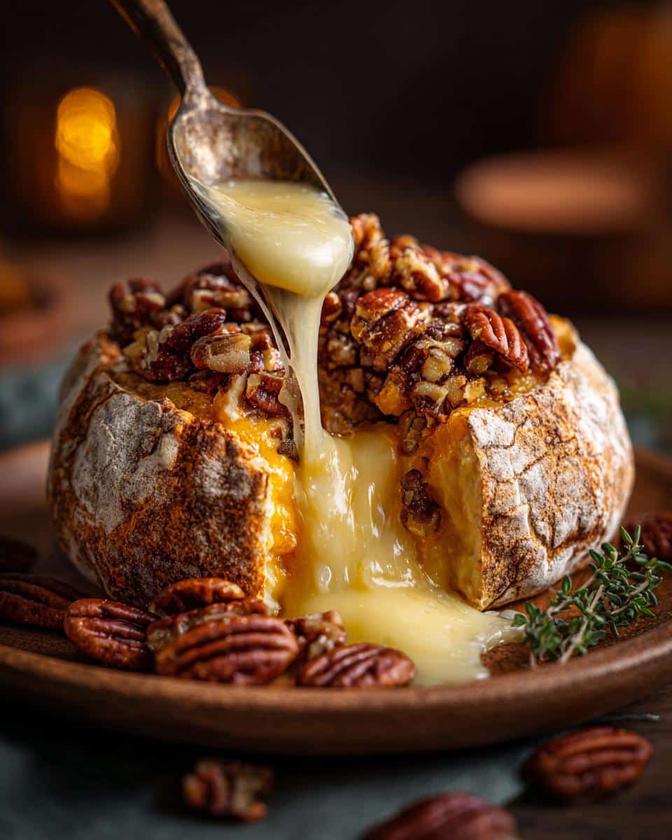 Close-up of Pumpkin Baked Brie with melted cheese being drizzled from a spoon, topped with pecans.