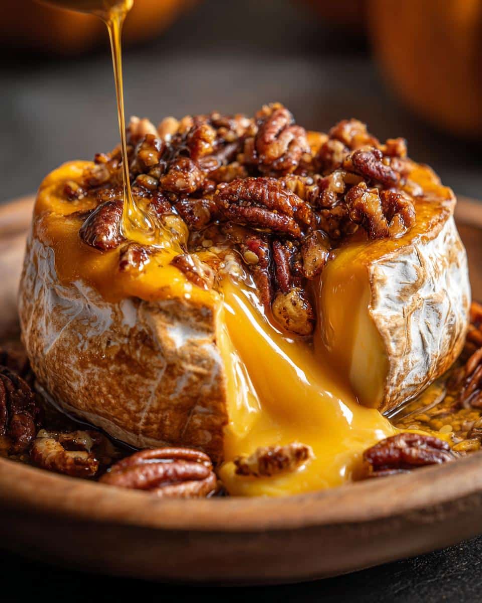 Close-up of Pumpkin Baked Brie with melted cheese, pecans, and honey drizzle on a wooden plate.