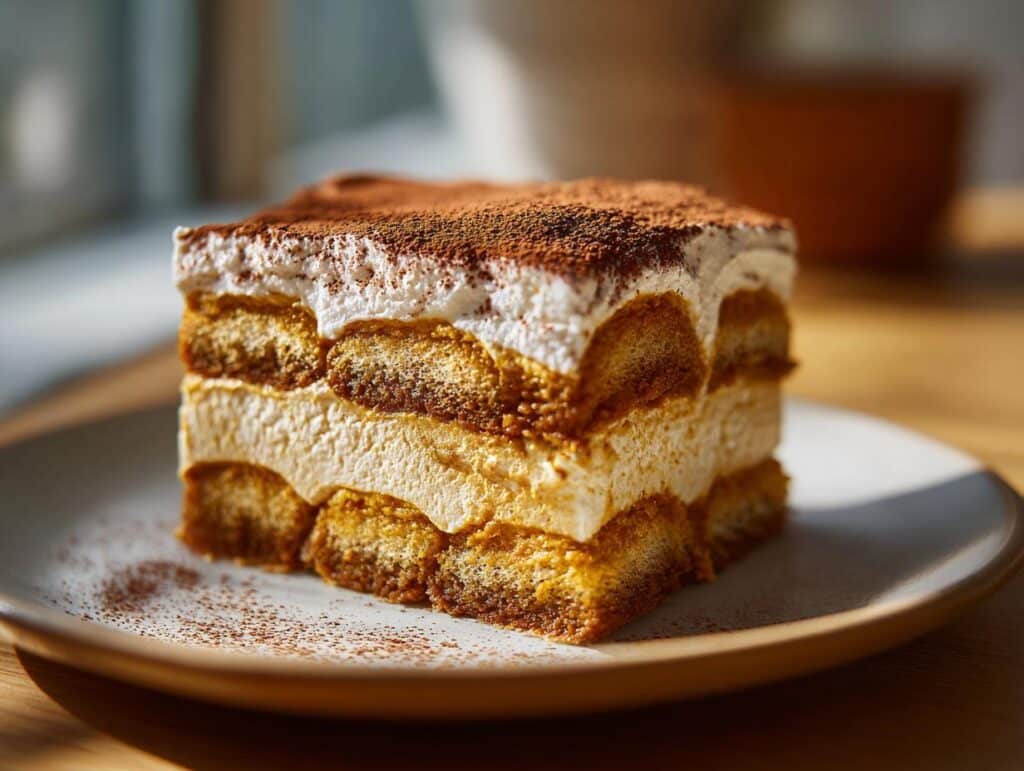 A slice of Pumpkin Tiramisu layered with ladyfingers, pumpkin cream, and cocoa powder on a plate.