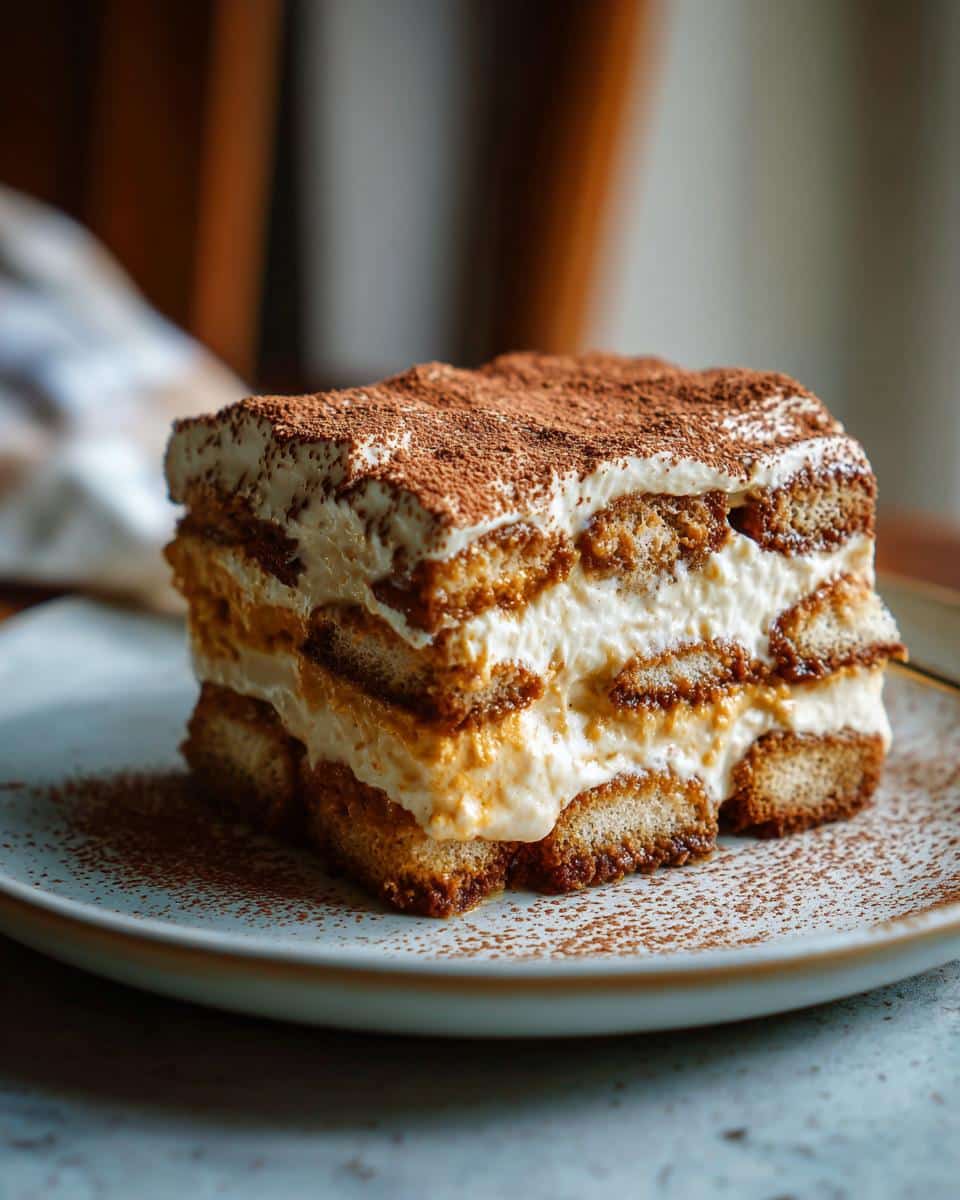 A slice of Pumpkin Tiramisu with layers of ladyfingers, pumpkin cream, and cocoa powder on a plate.