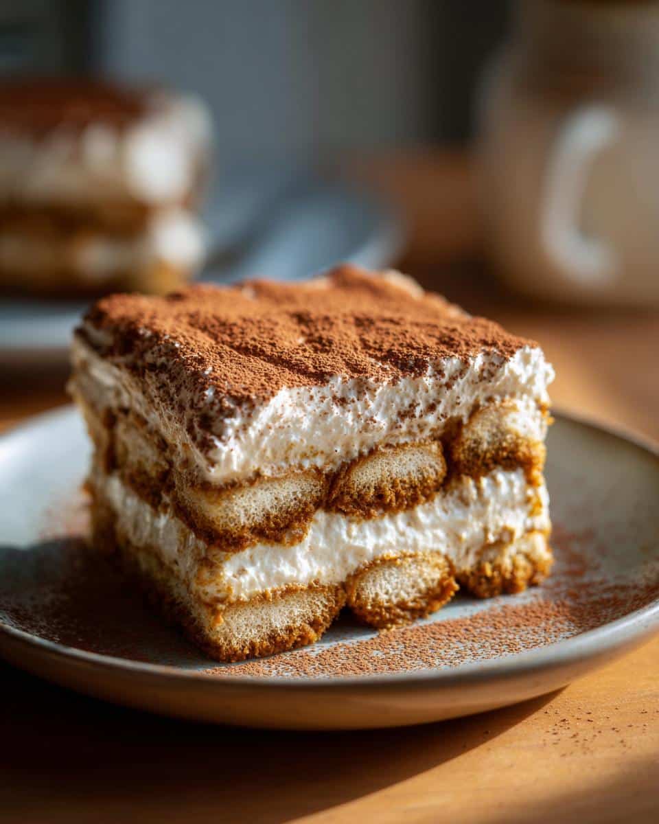 A slice of Pumpkin Tiramisu on a plate, showcasing layers of ladyfingers, creamy filling, and cocoa powder.