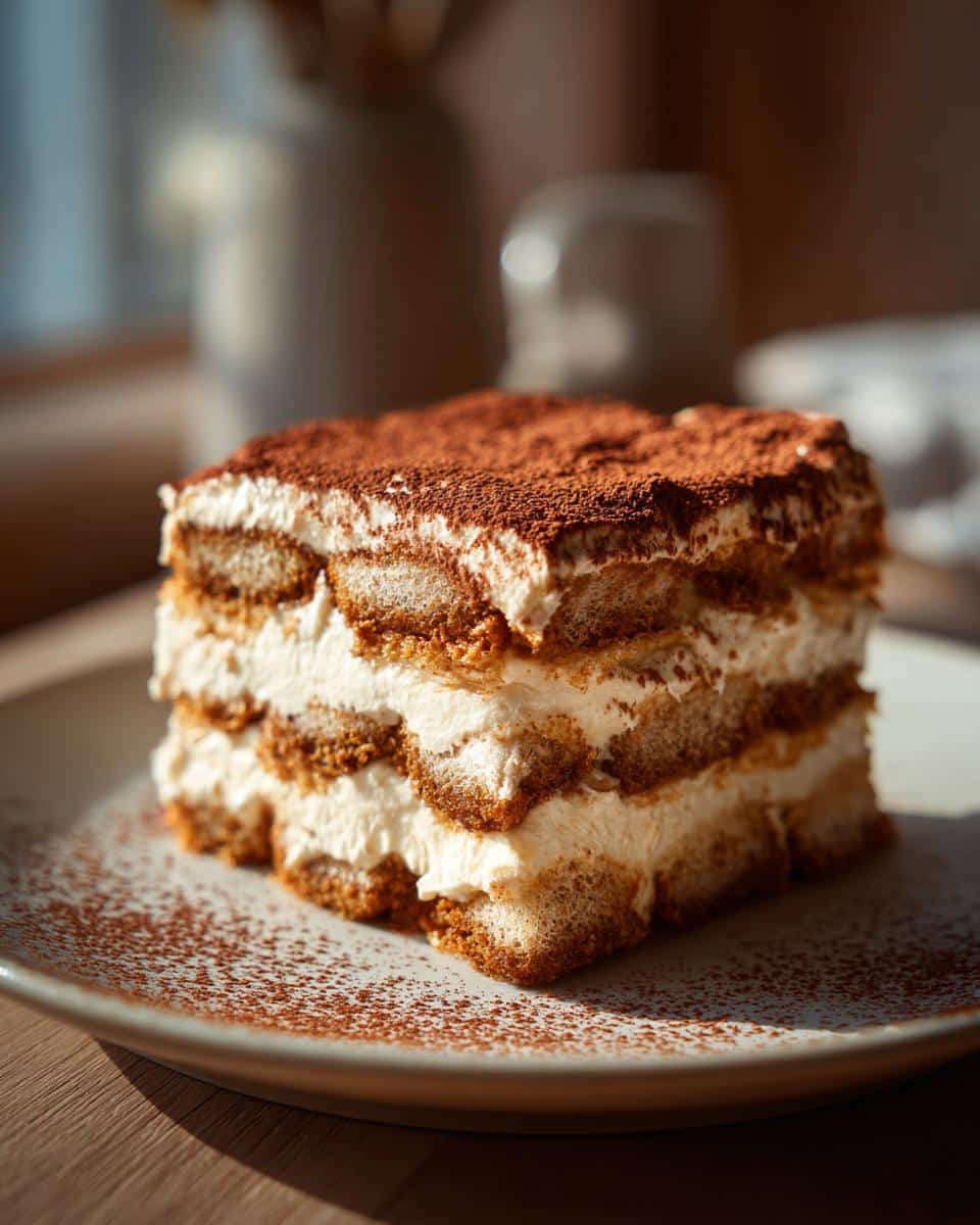 A slice of Pumpkin Tiramisu with layers of ladyfingers, cream, and cocoa powder on a plate.