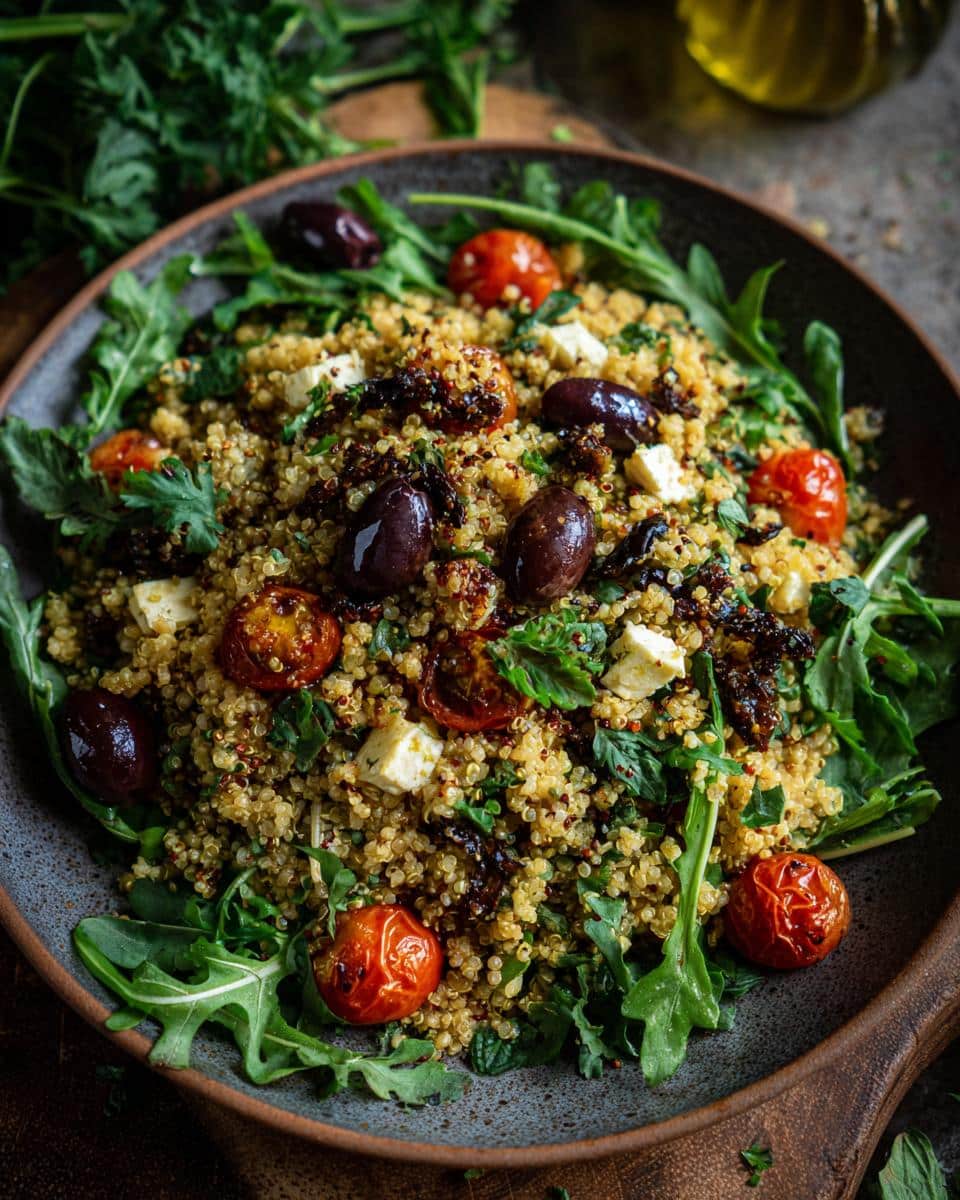 A vibrant quinoa salad, a delicious and healthy Mediterranean lunch idea, with tomatoes, olives, feta, and arugula.