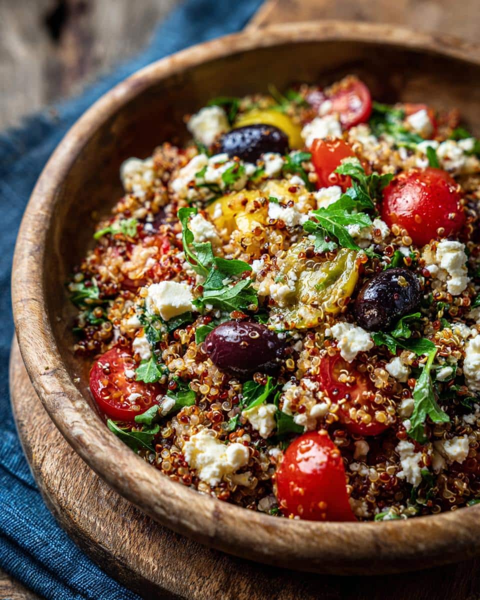 A vibrant quinoa salad with tomatoes, olives, feta, and herbs, perfect for Mediterranean lunch ideas.