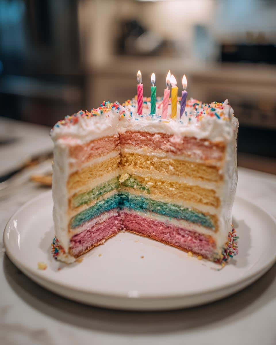 Rainbow layered birthday cake with lit candles, perfect inspiration for a birthday cake drawing.