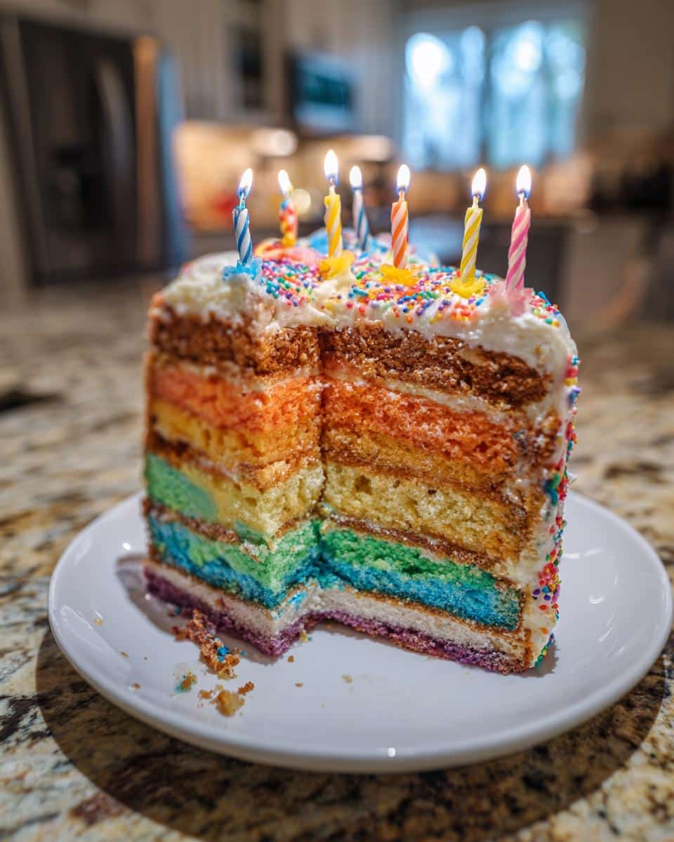 A multi-layered rainbow birthday cake with candles and sprinkles, perfect for a birthday cake drawing reference.