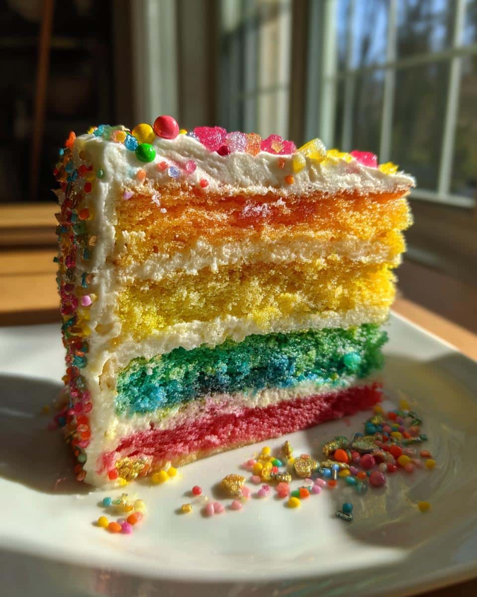 A slice of rainbow creative birthday cakes with colorful layers, frosting, and sprinkles on a white plate.