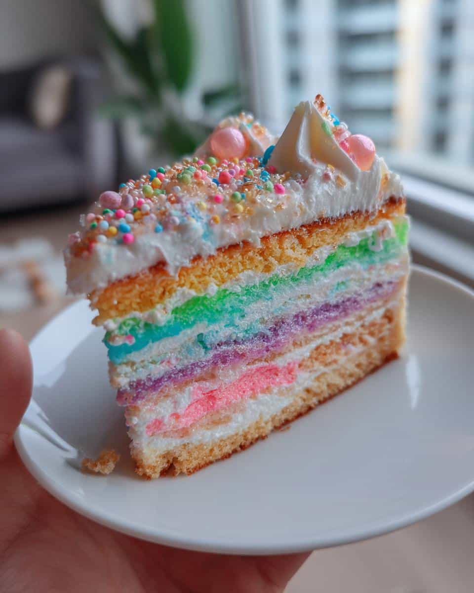 Slice of a colorful rainbow layer creative birthday cake with white frosting and sprinkles on a white plate.